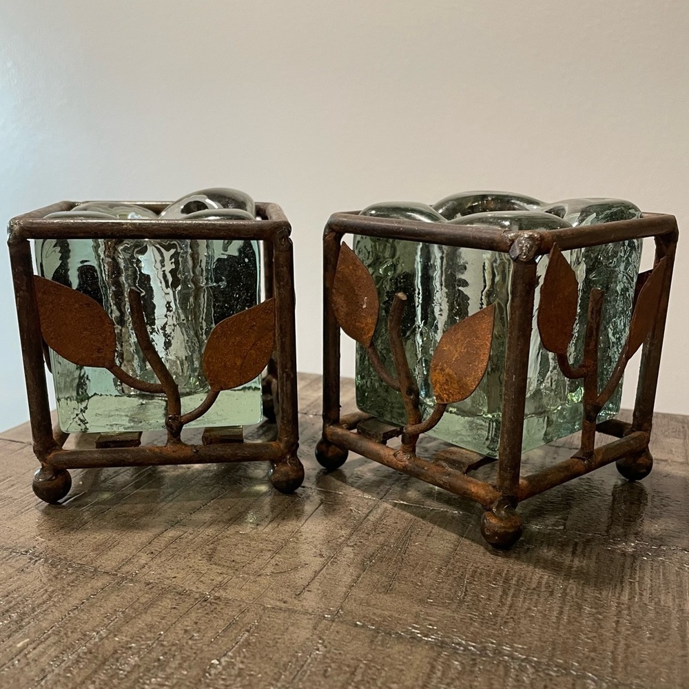 Mesa International rustic metal candle holder set with blown glass inserts